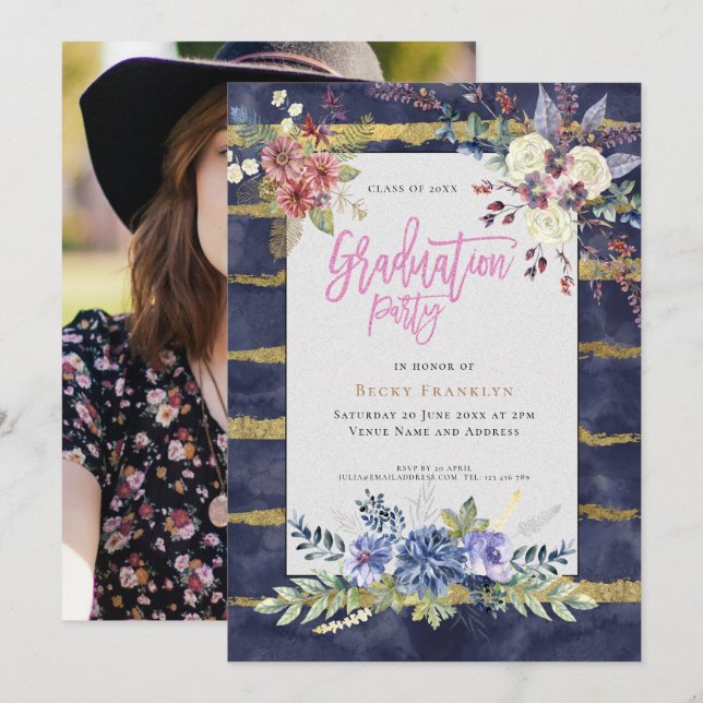 Invitación Azul marino/Banda de oro/Floral/Tu foto/Graduación (Anverso / Reverso)
