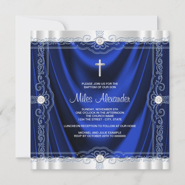 Invitación Azul Marino Bautizo Satén Azul Real (Anverso)