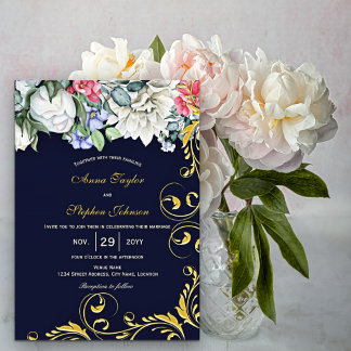 Invitación Azul Marino Blanco Azul Rosa Remolinos Botánicos