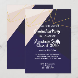 Invitación Azul marino blanco rosado y geométrico oro Graduac