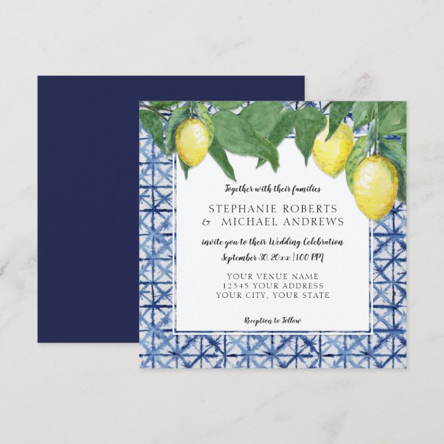 Invitación Azul Marino Blanco Shibori Patrón X con Rama de Li (Anverso / Reverso)