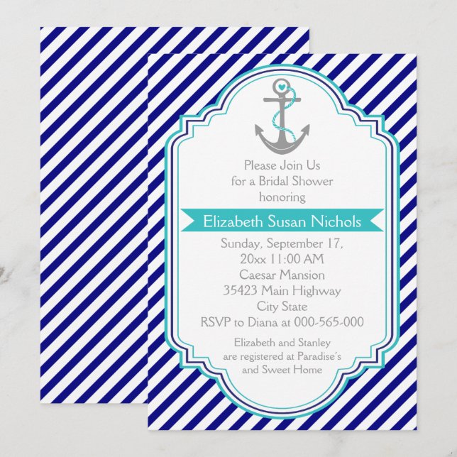 Invitación Azul marino, boda acuático ducha de novia (Anverso / Reverso)