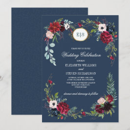 Invitación Azul marino | Boda de acuarela de Borgoña Bloom