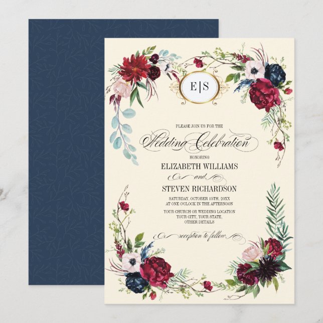 Invitación Azul marino | Boda de acuarela floral de Borgoña (Anverso / Reverso)