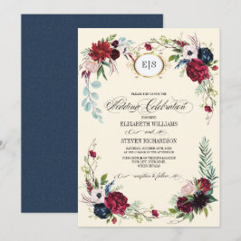 Invitación Azul marino | Boda de acuarela floral de Borgoña
