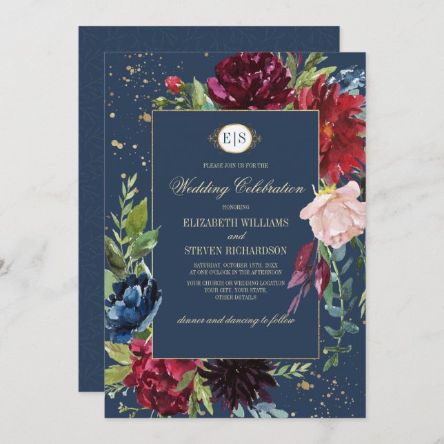 Invitación Azul marino | Boda de acuarela floral de Borgoña (Anverso / Reverso)