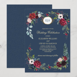 Invitación Azul marino | Boda de acuarela floral de Borgoña