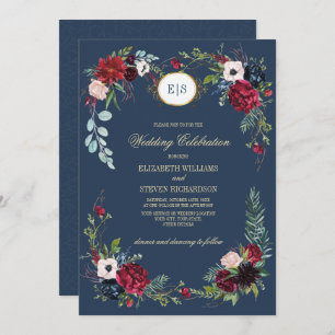 Invitación Azul marino   Boda de acuarela floral de Borgoña