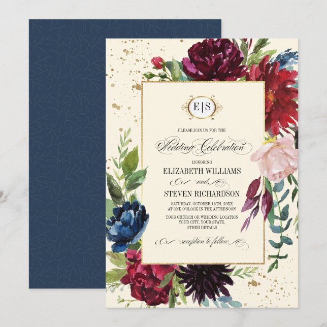 Invitación Azul marino | Boda de acuarela floral de Borgoña (Anverso / Reverso)