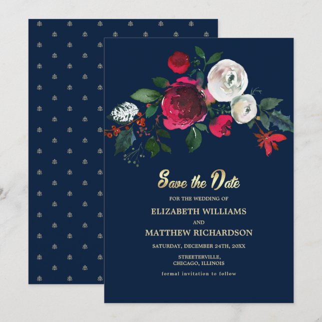 Invitación Azul Marino | Boda de Borgoña Salva la Fecha (Anverso / Reverso)