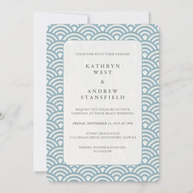 Invitación Azul marino + Boda de patrón de onda de deco blanc (Anverso)