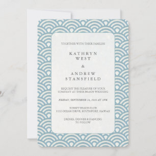 Invitación Azul marino + Boda de patrón de onda de deco blanc