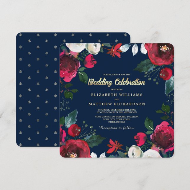 Invitación Azul Marino | Boda del Bloom Rojo Borgoñés (Anverso / Reverso)