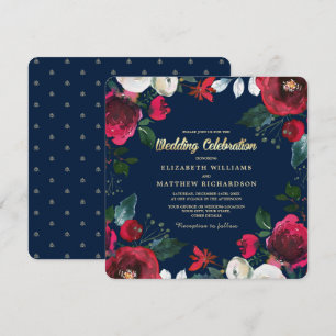 Invitación Azul Marino   Boda del Bloom Rojo Borgoñés