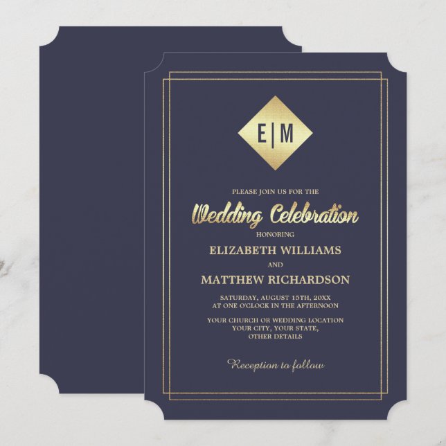Invitación Azul Marino | Boda Elegante de Oro (Anverso / Reverso)