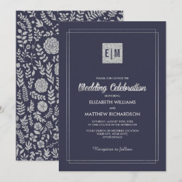 Invitación Azul Marino | Boda floral plateado