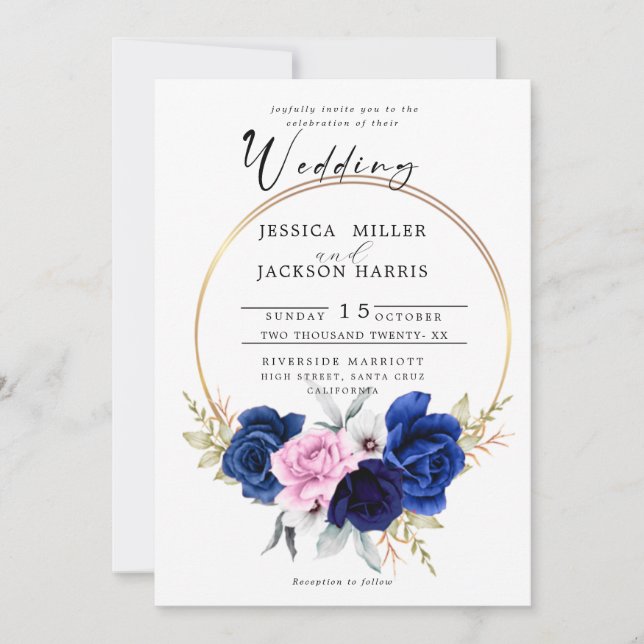 Invitación Azul Marino | Boda floral rosa Rubor azul real (Anverso)