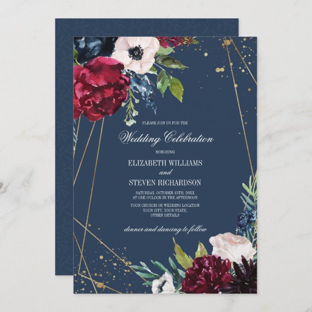 Invitación Azul Marino | Boda Geométrico de la Bloom Borgoña (Anverso / Reverso)