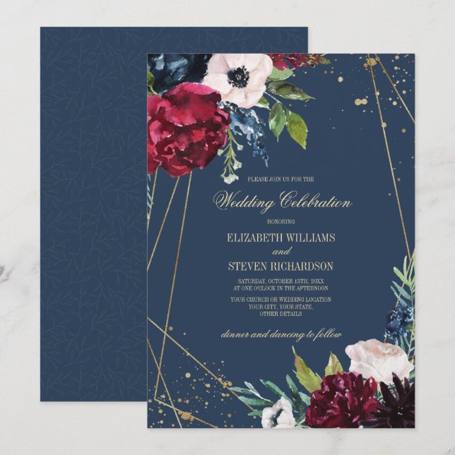 Invitación Azul Marino | Boda geométrico floral de Borgoña (Anverso / Reverso)