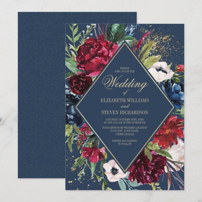 Invitación Azul Marino | Boda geométrico floral de Borgoña (Anverso / Reverso)