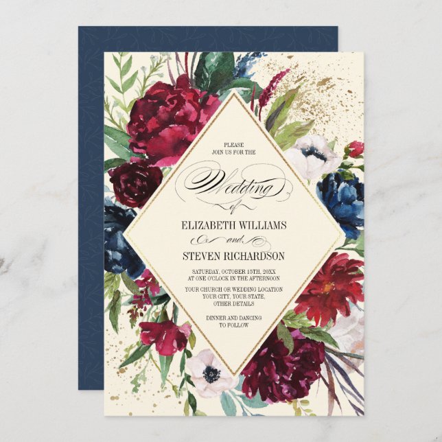 Invitación Azul Marino | Boda geométrico floral de Borgoña (Anverso / Reverso)
