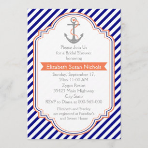 Invitación Azul marino, boda náutico de coral ducha de novia