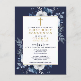 Invitación azul marino boho floral para primera co