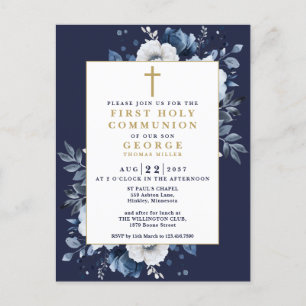 Invitación azul marino boho floral para primera co