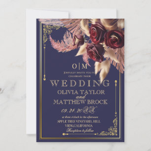Invitación Azul marino Boho Floral rosas rojas pampas Boda