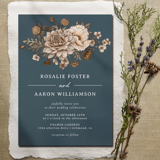 Invitación Azul marino + Caída Floral Formal Moody Boho Boda (Subido por el creador)