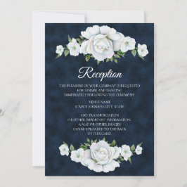 Invitación Azul marino con recepción de boda floral blanca
