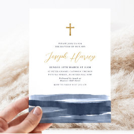 Invitación Azul Marino Cruz Dorada Bautizo de Niño  