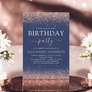 Invitación Azul marino Cualquier edad Rosa de cumpleaños Purp