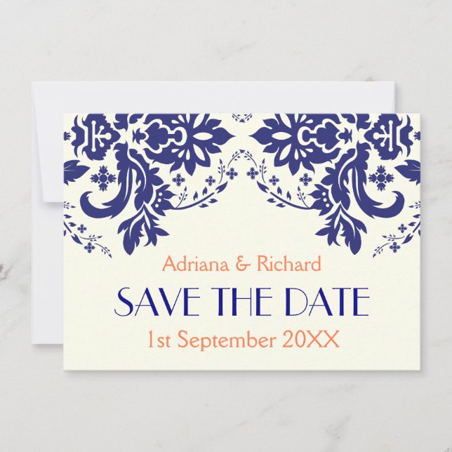 Invitación Azul marino damasco, boda de coral Save the Date (Anverso)