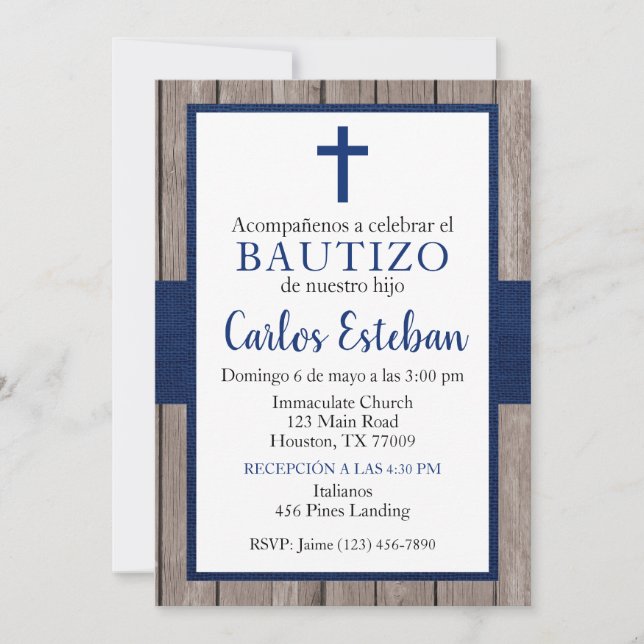 Invitación Azul Marino de Bautizo de Niño (Anverso)