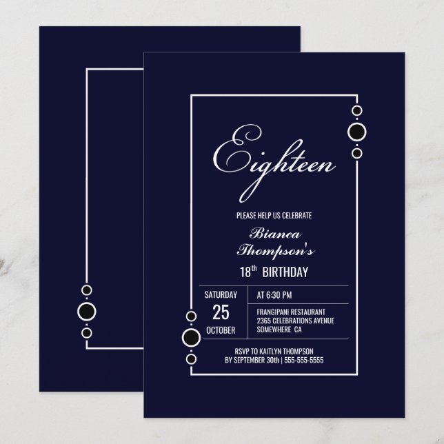 Invitación Azul marino de cumpleaños 18 con Fiesta de marco b (Anverso / Reverso)