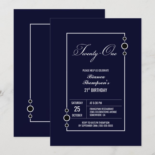 Invitación Azul marino de cumpleaños 21 con Fiesta de marco b (Anverso / Reverso)