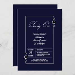Invitación Azul marino de cumpleaños 21 con Fiesta de marco b