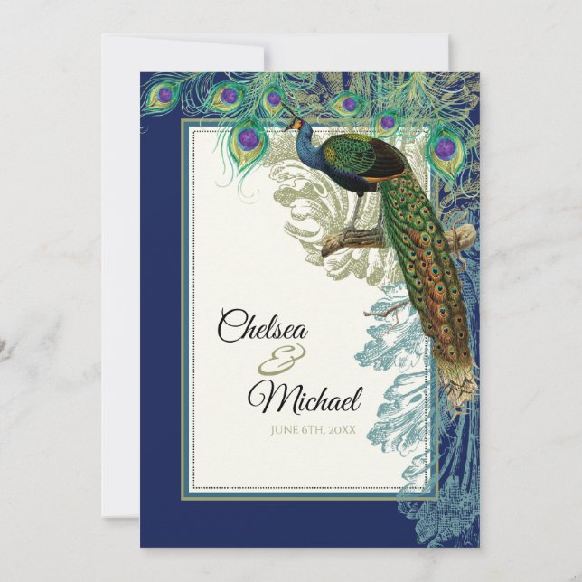 Invitación Azul marino de plumas de pavo real - Boda (Reverso)