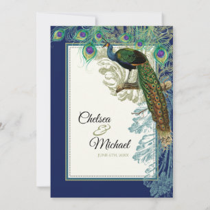 Invitación Azul marino de plumas de pavo real - Boda