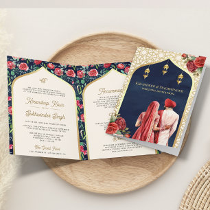 Invitación Azul Marino Dorado Rojo Floral Enterizo para Boda