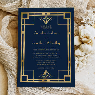 Invitación Azul Marino Dorado Vintage Marco Deco Bodas Años 2