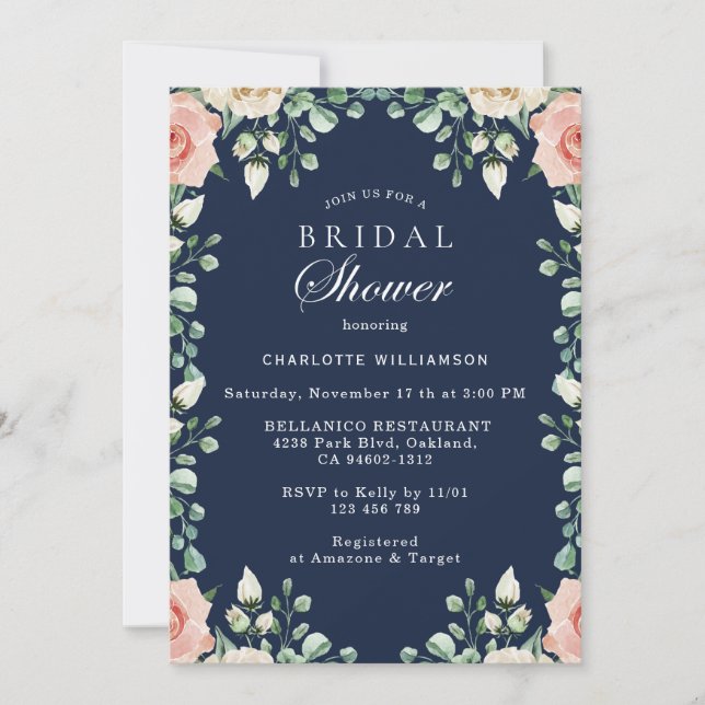 Invitación Azul marino, ducha de novia floral rosa pálido (Anverso)