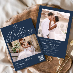 Invitación Azul marino El Boda de dos códigos QR de foto
