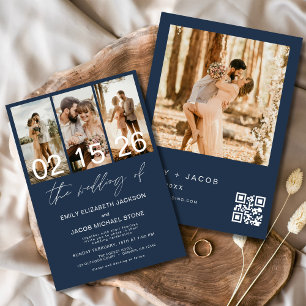 Invitación Azul marino El Boda del código QR de la foto Elega