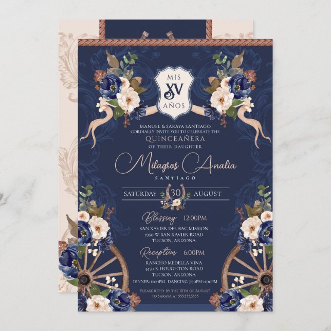 Invitación Azul marino Elegante barroco Charra Quinceanera (Anverso / Reverso)
