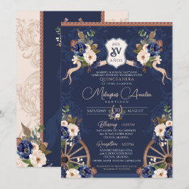Invitación Azul marino Elegante barroco Charra Quinceanera