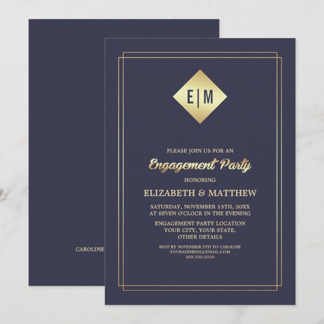 Invitación Azul marino elegante | Fiesta de compromiso de oro (Anverso / Reverso)
