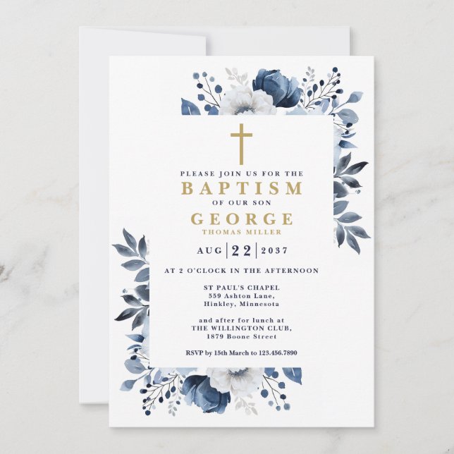 Invitación Azul Marino Elegante Floral Botánico Moderno Bauti (Anverso)