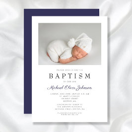 Invitación Azul Marino Elegante Foto Bautizo Niño